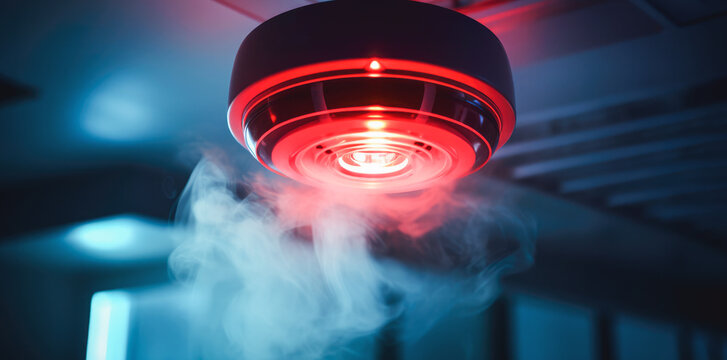 A red smoke detector mounted on the ceiling, a crucial safety and security device that sounds an alarm in case of fire, ensuring immediate attention to potential danger