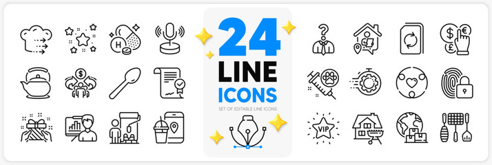 Icons set of Seo timer, Work home and Vip star line icons pack for app with Painter, Food app, Gift thin outline icon. Sharing economy, Presentation board, Approved agreement pictogram. Vector