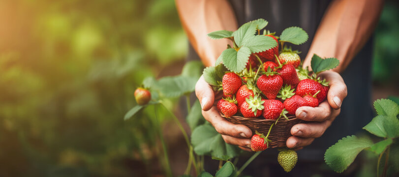 Farmer hands gently picking a fresh harvest of strawberry