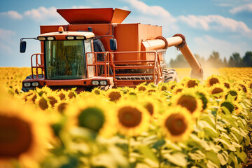 rural tranquility, with a vehicle amidst sunflower fields on a thriving farm, where agriculture yields bountiful crops and abundant harvests