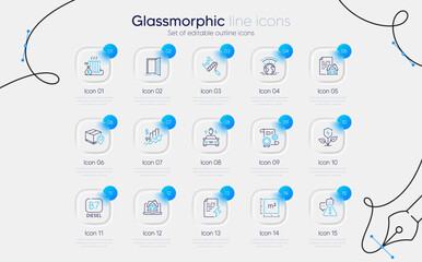 Set of Car charging, Diesel and Square meter line icons for web app. Radiator, Open door, Parcel tracking icons. Construction document, Rise price, Eco power signs. Realtor, Paint roller. Vector