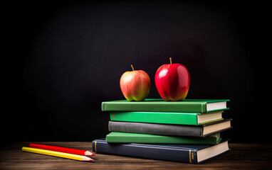 Apple On Stack Of Books With Pencils And Blank Chalkboard. AI, Generative AI