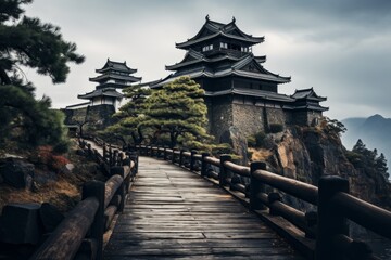 Naklejka premium Ancient Samurai Castle Wide Lens, Generative AI 