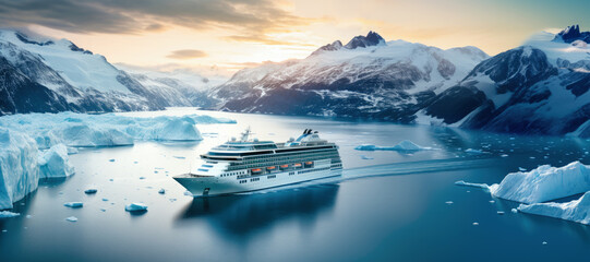 Cruise ship in majestic north seascape with ice glaciers in Canada or Antarctica. - obrazy, fototapety, plakaty