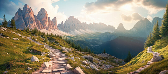 breathtaking Dolomites Alps panorama path, a captivating trail that winds through majestic peaks and stunning landscapes. - obrazy, fototapety, plakaty