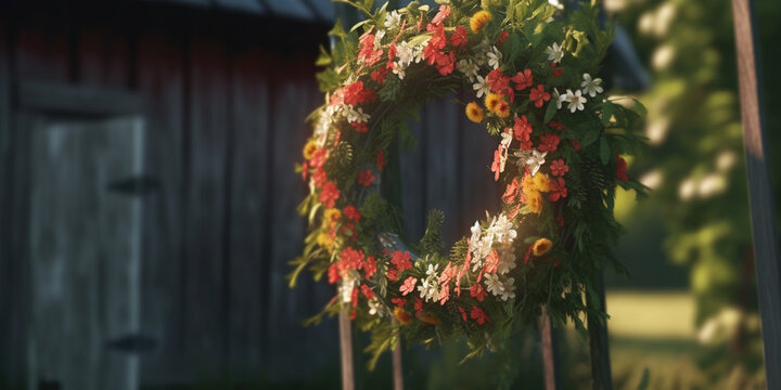 A Charming Traditional Swedish Midsommer Wreath Adorns a Wooden Door - AI generated
