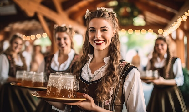 Cheerful young girls in bavarian costumes at beer festival