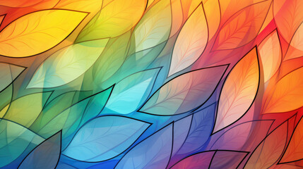 Colorful leaves on a bright gradient background, in the style of soft cubism, detailed feather rendering, translucent overlapping, futuristic chromatic waves, cartoon abstraction, mosaic AI Generative