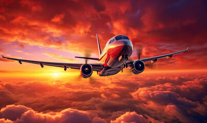 Passenger liner flying above clouds at sunrise