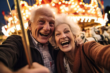Happy elderly couple selfie in amusement park