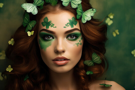 Beautiful young woman with four-leaf clover body painting. St. Patrick's Day fairy