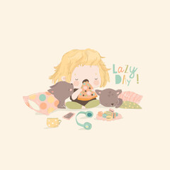 Cute Girl eating a slice of pizza with Cats. Lazy Day