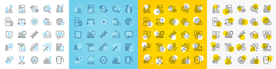 Vector icons set of Chemistry lab, Startup and Cyber attack line icons pack for web with Winner podium, Phone video, Calculator alarm outline icon. Support, Report, Magic wand pictogram. Vector