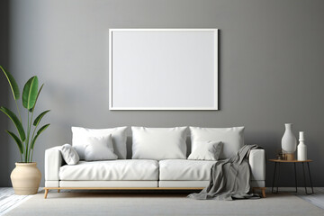 Poster frame mockup in gray living room interior . Generative AI