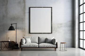 Poster frame mockup in industrial style living room interior. Generative AI