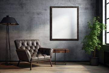 Poster frame mockup in industrial style living room interior with leather armchair. Generative AI