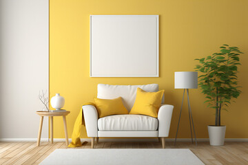 Poster frame mockup in yellow living room interior . Generative AI