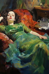 painting of woman in green dress reclining on red chaise lounge