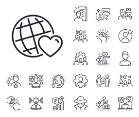 Friendship love sign. Specialist, doctor and job competition outline icons. Friends world line icon. Assistance business symbol. Friends world line sign. Avatar placeholder, spy headshot icon. Vector