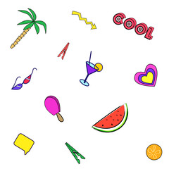 Summer pattern on a white background. Various colored objects.