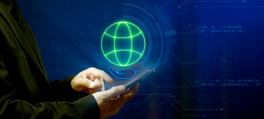 Businessman using smart phone with glowing neon line of hand holding globe icon. Earth and environment protection, social responsibility for nature, global network concept. 4K motion graphic animation