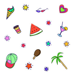 Summer pattern on a white background. Various colored objects.