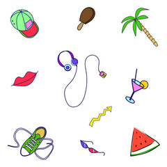 Summer pattern on a white background. Various colored objects.