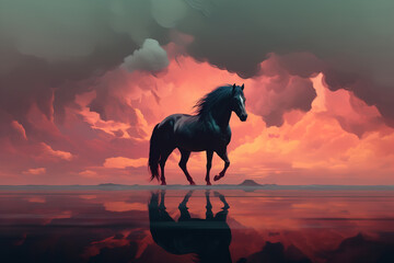 Side view of a black horse against a sunset red sky, illustration