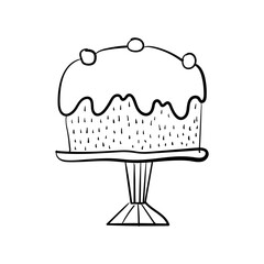 Birthday cake with plate hand drawn outline doodle icon. Cute illustration for greeting, birthday card, posters, recipe, culinary design. Isolated on white background. Vector illustration.