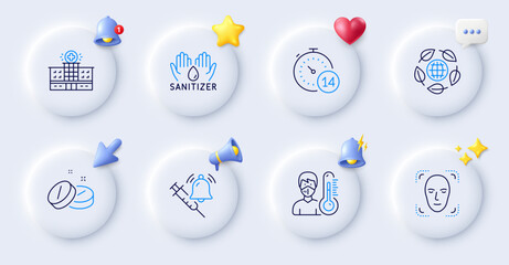Fototapeta premium Thermometer, Eco organic and Medical tablet line icons. Buttons with 3d bell, chat speech, cursor. Pack of Hand sanitizer, Hospital building, Face detection icon. Vector