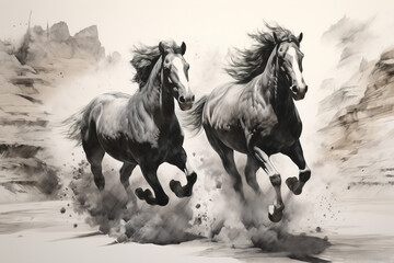Pair of black horses gallop, beautiful graceful animals run. Monochrome illustration painting canvas