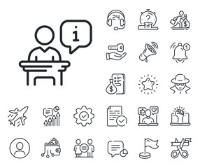 Stage information sign. Salaryman, gender equality and alert bell outline icons. Podium line icon. Business meeting tribune symbol. Podium line sign. Spy or profile placeholder icon. Vector