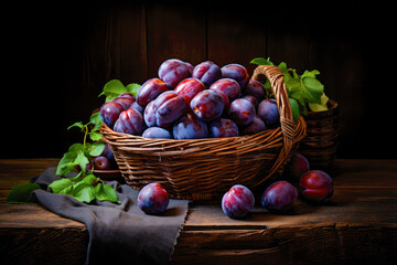 Harvested plums in basket as still life