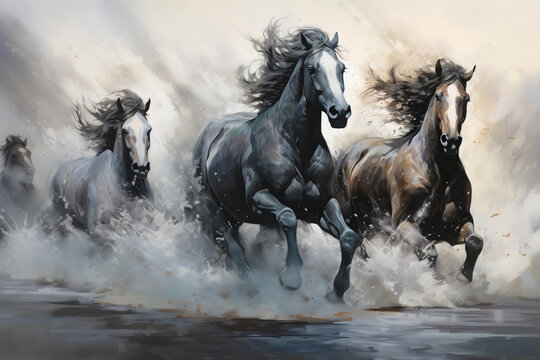 Herd of horses gallops, beautiful graceful animals run in water. Illustration painting canvas
