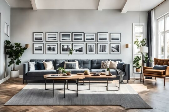 contemporary living room with sofa and pictures on wall