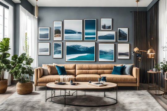 contemporary living room with sofa and pictures on wall