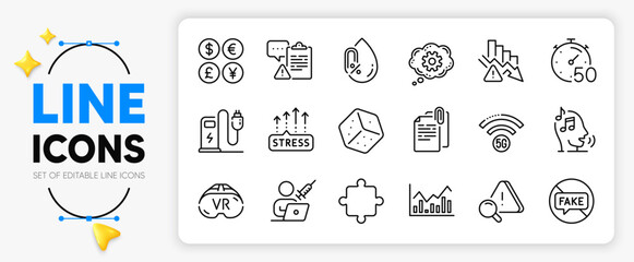 Deflation, Cogwheel and Infochart line icons set for app include Money currency, Document attachment, Timer outline thin icon. Stress grows, No alcohol, Vr pictogram icon. Puzzle. Vector