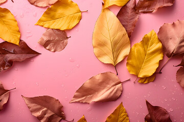 Autumn background with few surrealistic leaves. Copy space. Pastel pink and yellow. Minimal composition