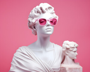 Sculpture of a beautiful woman with sunglasses on the pink background. Minimalistic concept.