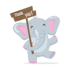 Elephant. Gray elephant. An elephant with a sign. Happy elephant thanks. Gray and pink elephant. Postcard. Vector illustration