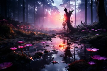 Fototapeta premium Mystical Forest With Vibrant Wildlife, Generative AI 