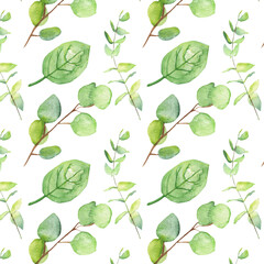 Seamless pattern green leaves trees and branches, foliage of natural branches, green leaves, herbs, tropical plants hand drawn watercolor on white background.