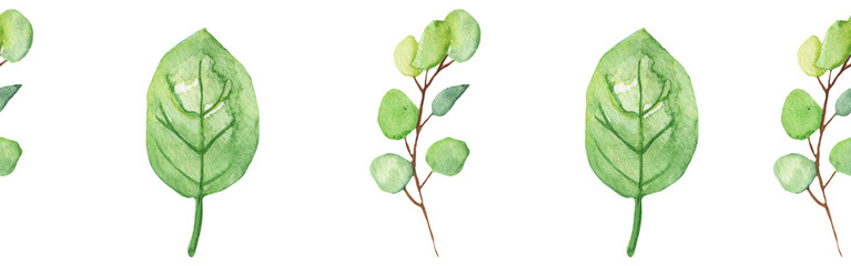 Seamless border green leaves trees and branches, foliage of natural branches, green leaves, herbs, tropical plants hand drawn watercolor on white background.