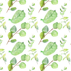 Seamless pattern green leaves trees and branches, foliage of natural branches, green leaves, herbs, tropical plants hand drawn watercolor on white background.