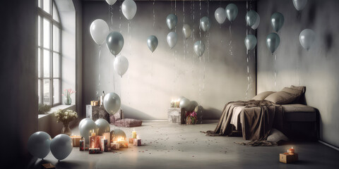 Interior of living room, apartment decorated balloons,lights, confetti. Mysterious magical сinematic effect. Celebration, holidays, anniversary. Vintage background for birthday party.Generative Ai