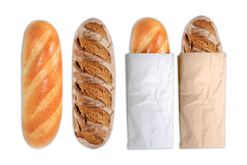 Loaf of wheat and rye bread isolated on white background. Whole bread.Horizontal frame. 3d rendering. healthy eating. Kraft paper bag Wrapped bread.