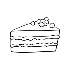 Hand drawn doodle piece of cake. Hand drawn doodle icon sweet dessert. Vector illustration for a pastry shop, isolated logo on a white background.