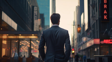 a businessman back and in front of him signs indicating businesses and buildings created by generative AI