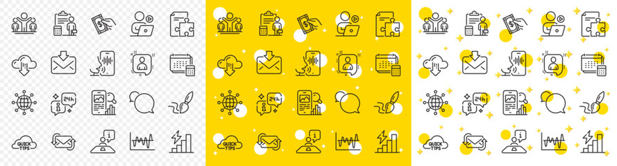 Outline Messenger, Info and Brush line icons pack for web with Video conference, Refresh mail, Winner line icon. Voicemail, Developers chat, Interview pictogram icon. Consumption growth. Vector