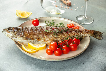Baked Trout. Healthy food concept. place for text, top view